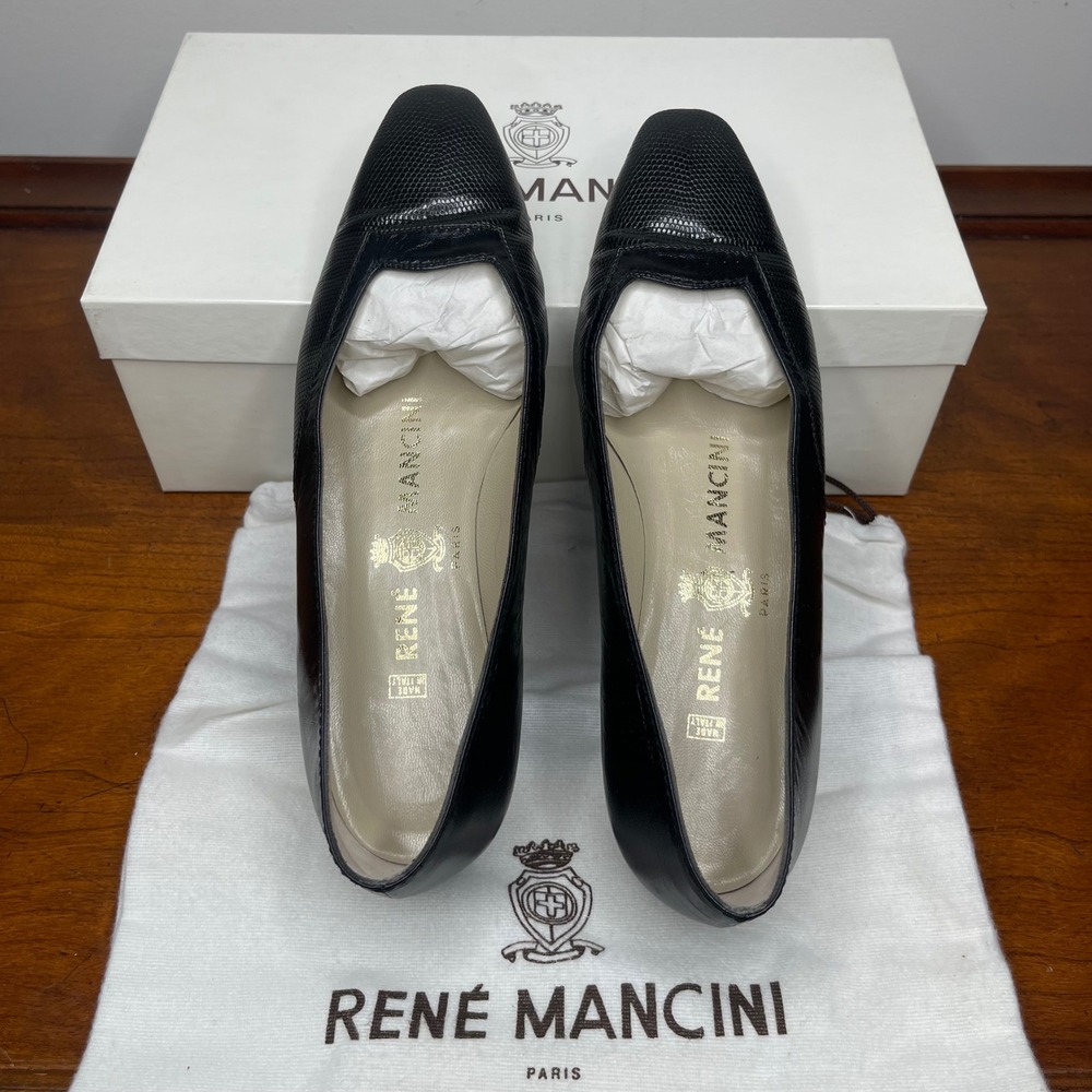 Rene Mancini Paris Black Leather Lizard Embossed Pointed Toe Pumps‎ 34.5/4.5